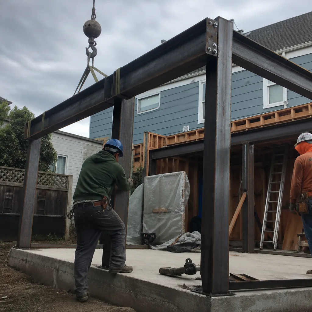 construction workers installing a steel frame for an ADU build
