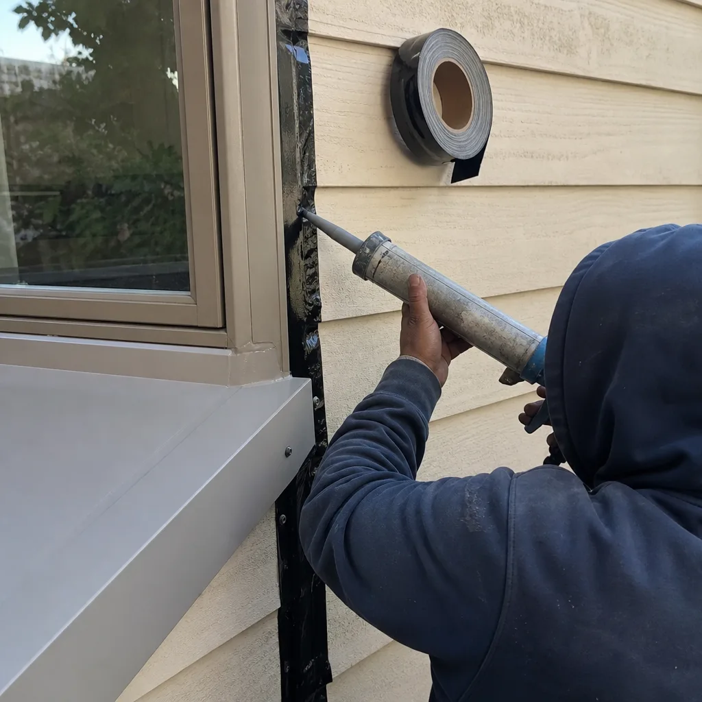 Contractor applying sealant during professional home addition construction