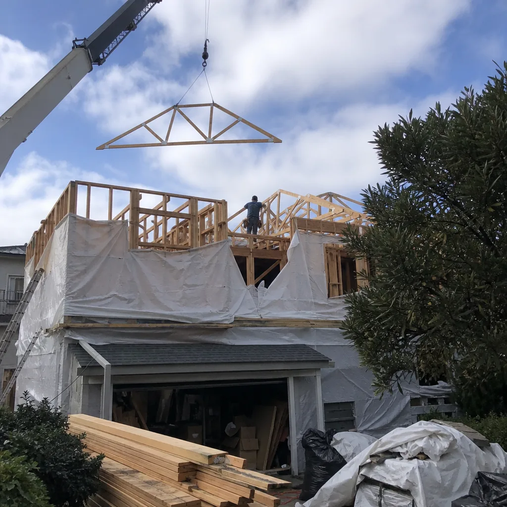 Construction crew installing roof trusses on a custom home addition project