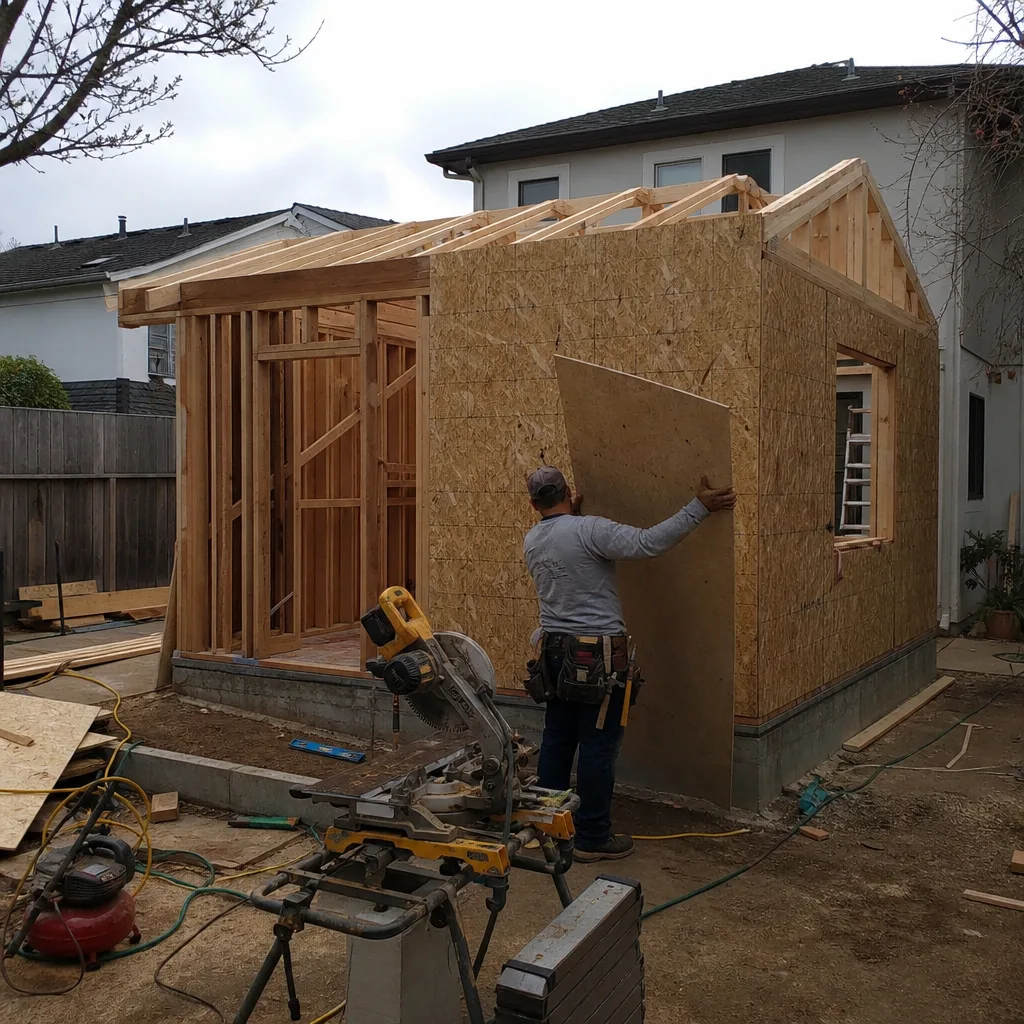 A contractor installing plywood sheathing on a new home room addition