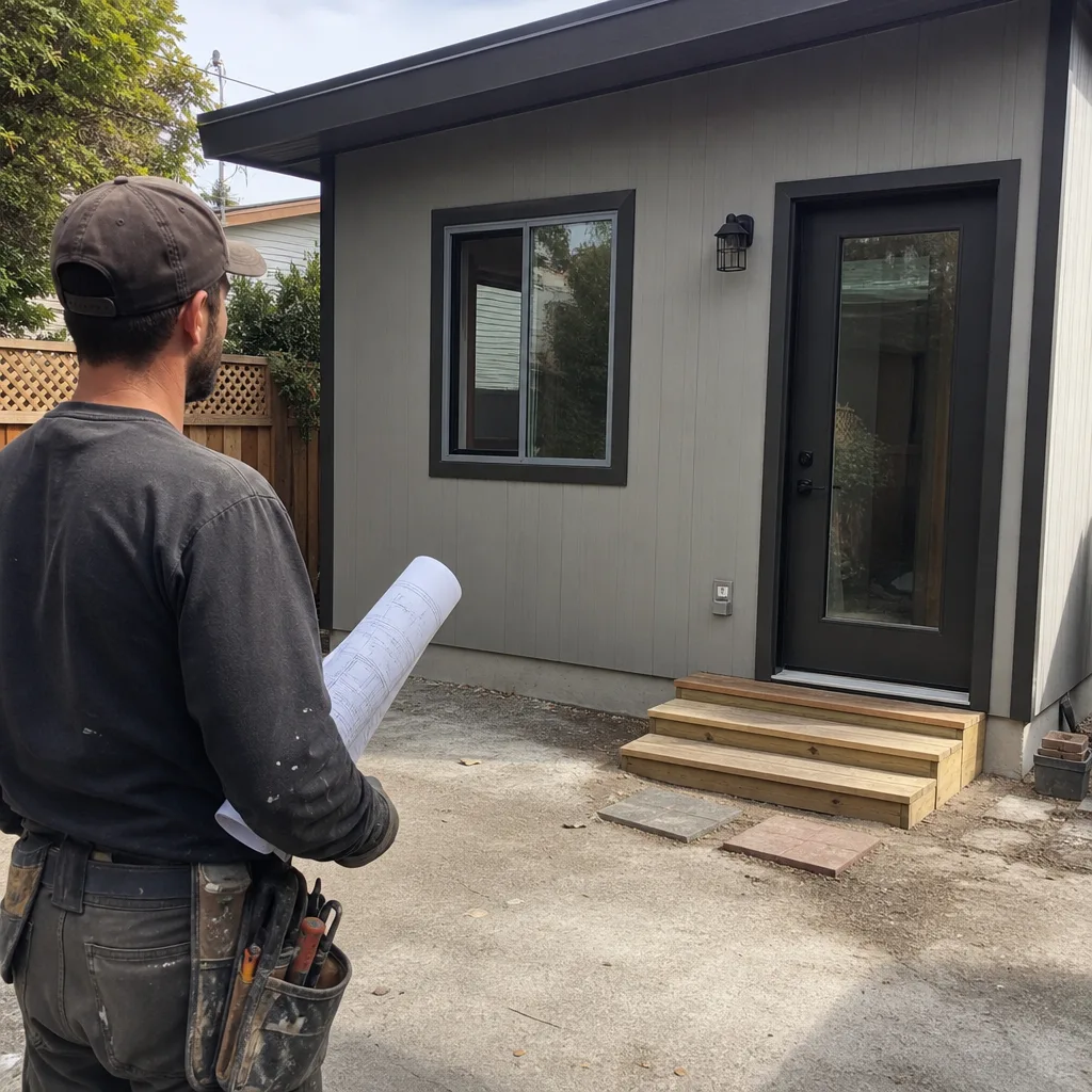 Contractor holding blueprints in front of a modern accessory dwelling unit.